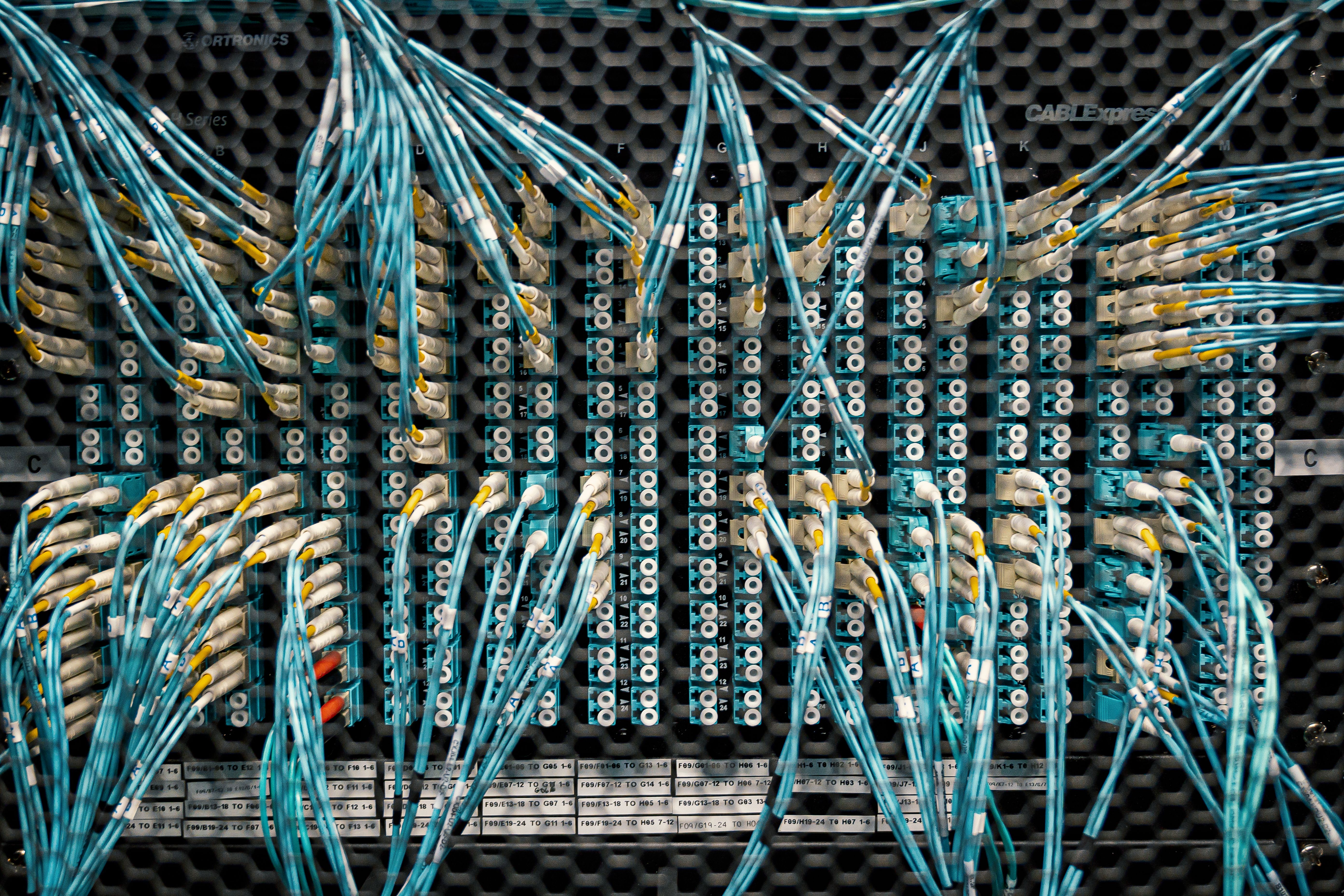 Fiber optic cables in data center server room