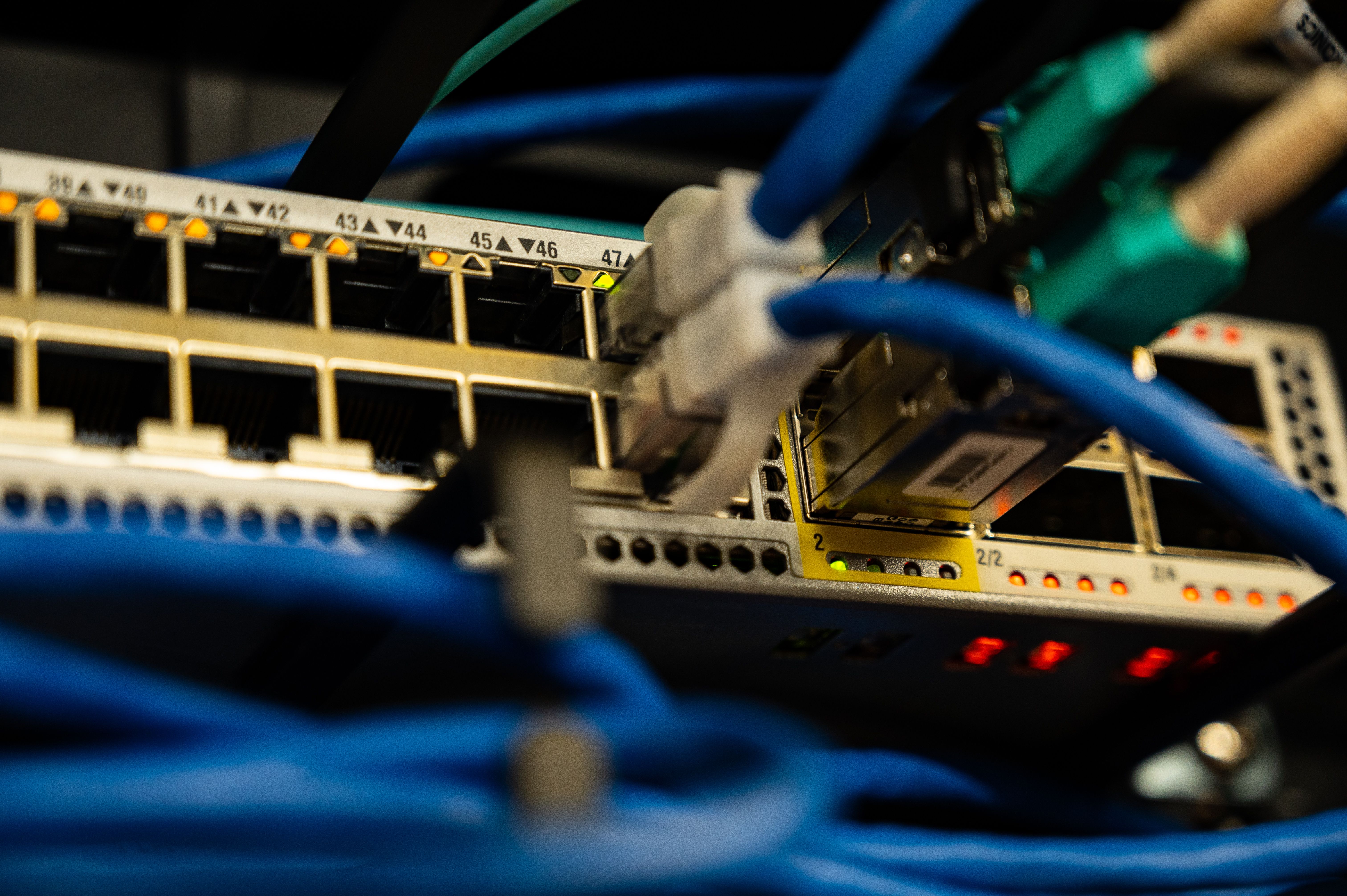 Ethernet cables plugged into network switch